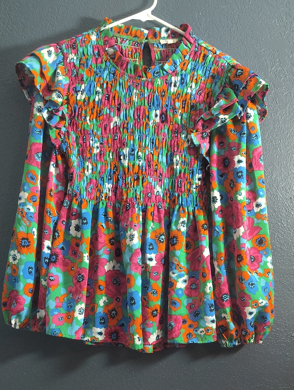 Vibrant Retro Floral Smocked Blouse Ruffled Shoulders Long Sleeve Small